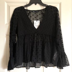 NWT Zara Combination Polka Dot Blouse - Black XS